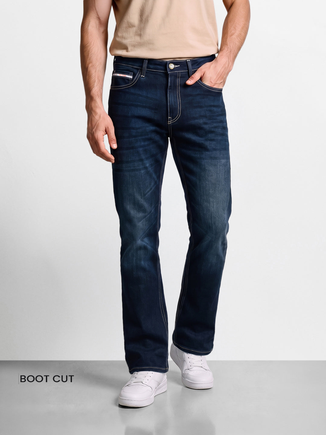 Men's Navy Blue Bootcut Fit Solid Casual Jeans