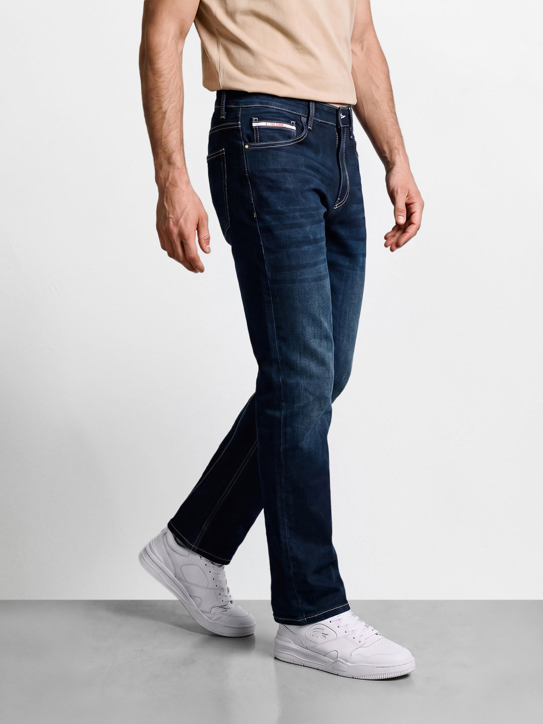Men's Navy Blue Bootcut Fit Solid Casual Jeans