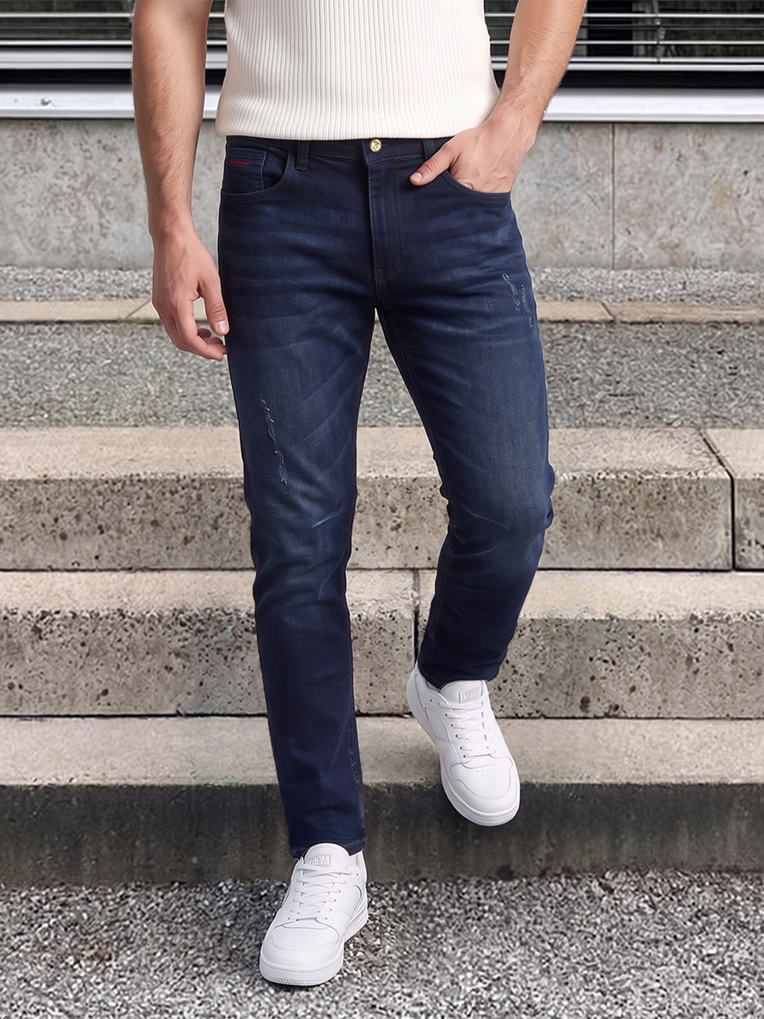 Men's Navy Blue Regular Fit Solid Casual Jeans