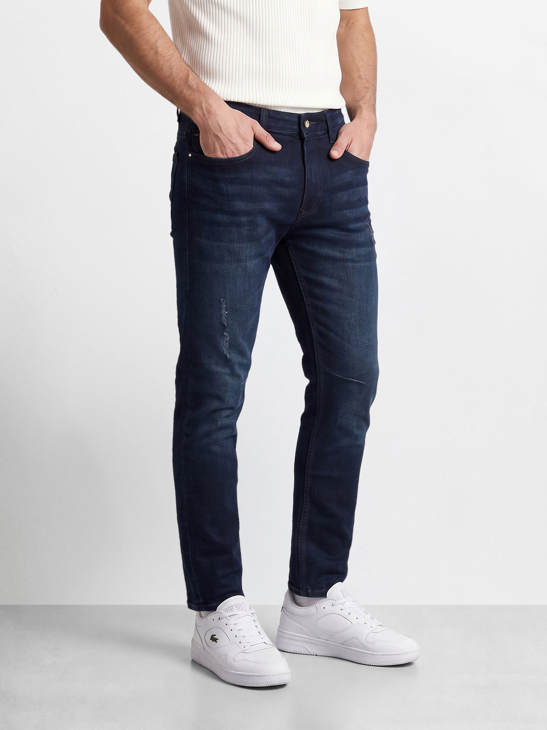 Men's Navy Blue Regular Fit Solid Casual Jeans