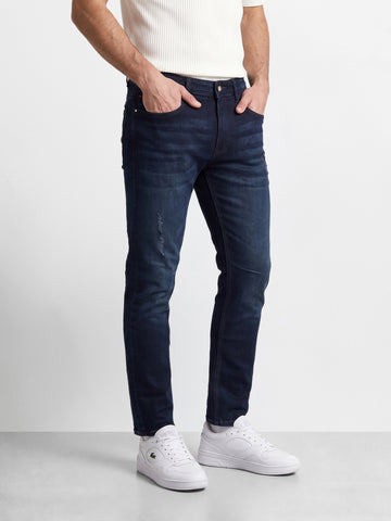 Men's Navy Blue Regular Fit Solid Casual Jeans
