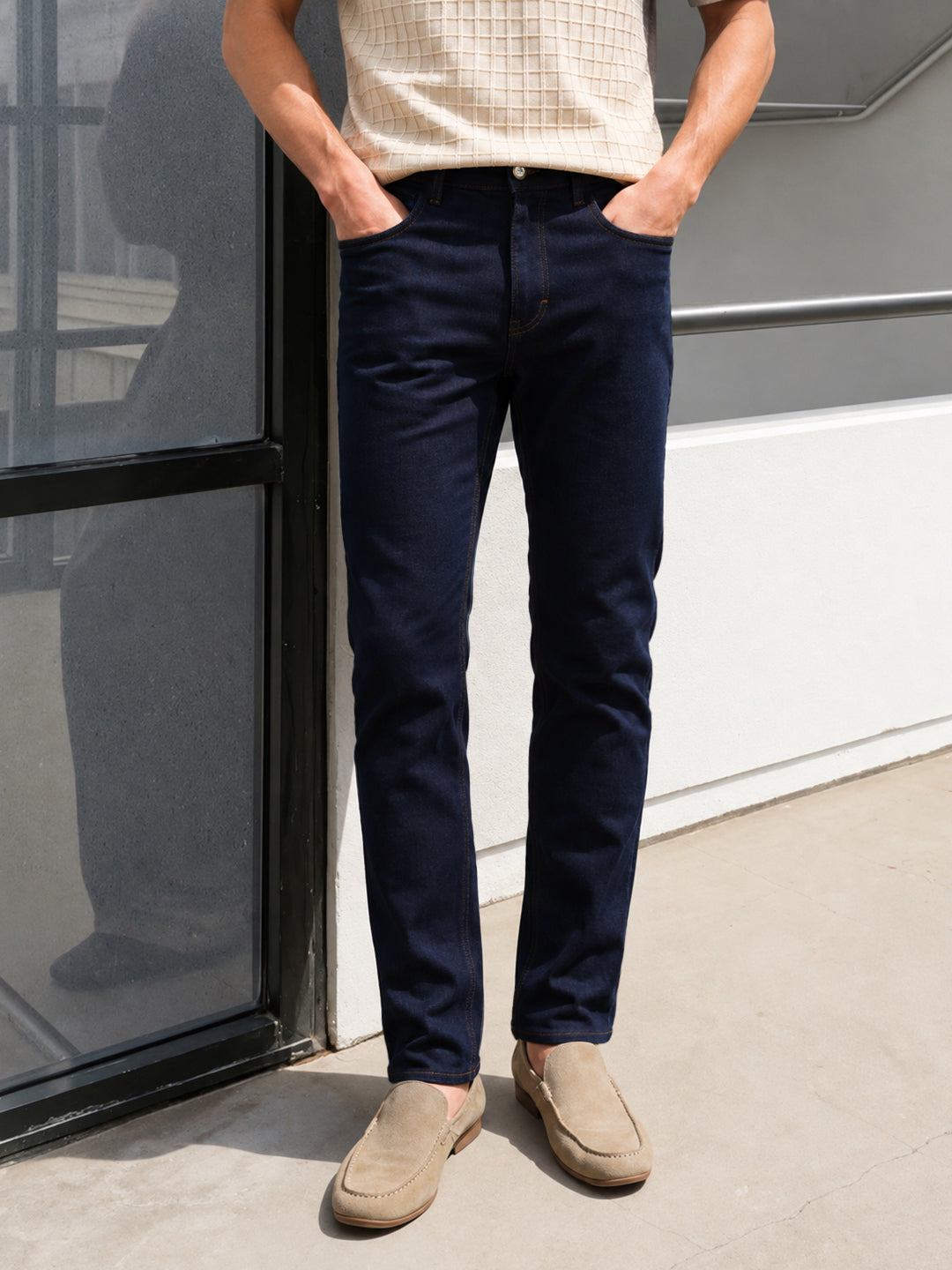 Men's Navy Blue Slim Fit Solid Casual Jeans