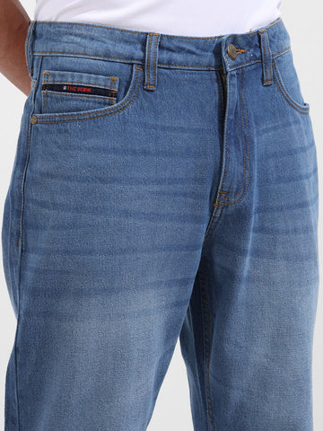 Men's Blue Dad Fit Distressed Mid-Rise Jeans