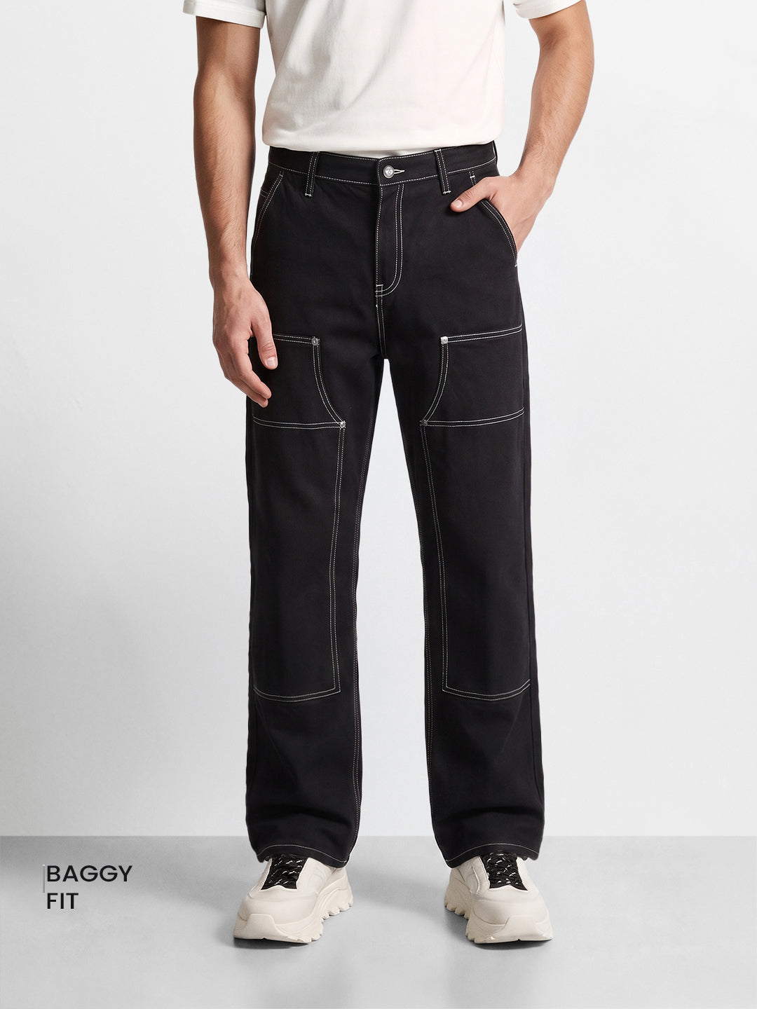 Men's Black Baggy Fit Solid Utility Jeans