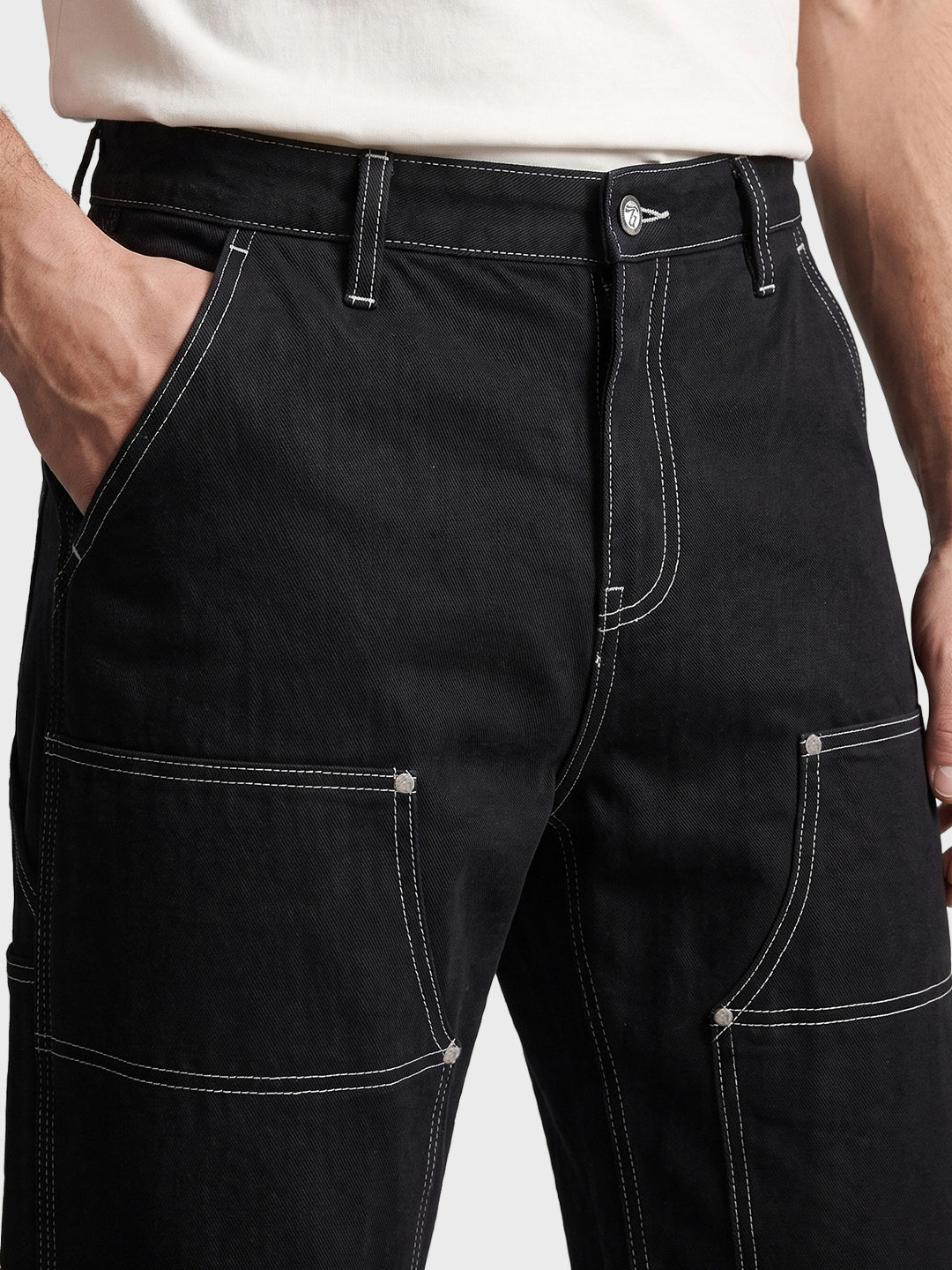 Men's Black Baggy Fit Solid Utility Jeans
