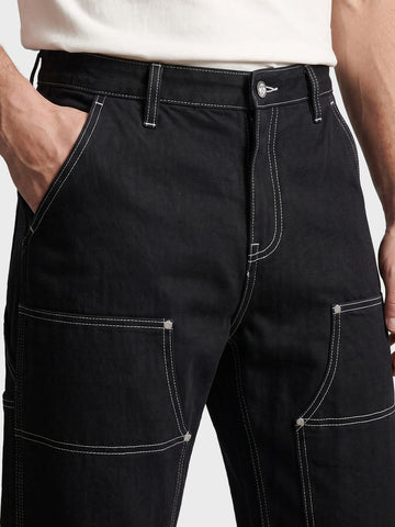 Men's Black Baggy Fit Solid Utility Jeans