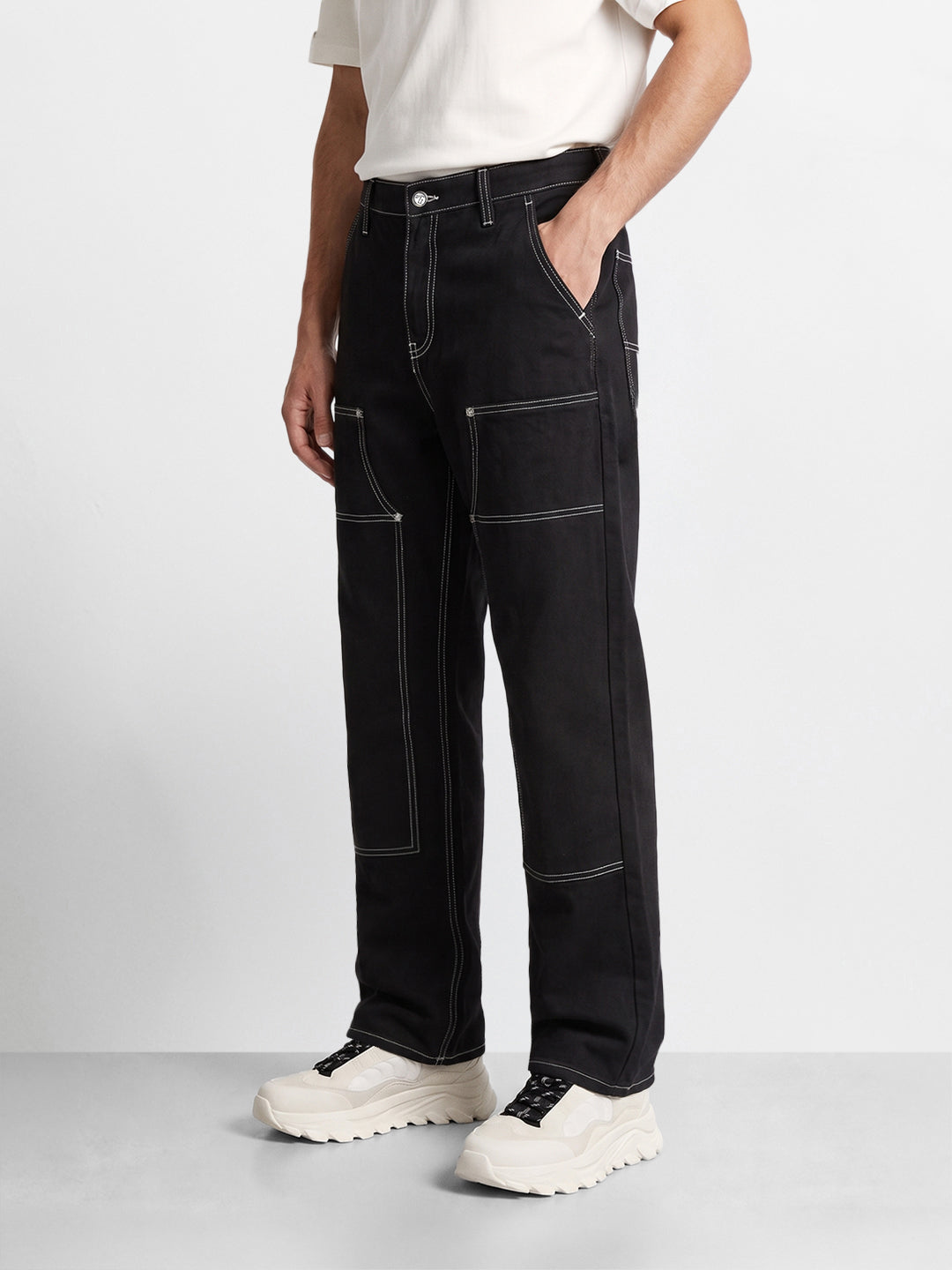 Men's Black Baggy Fit Solid Utility Jeans