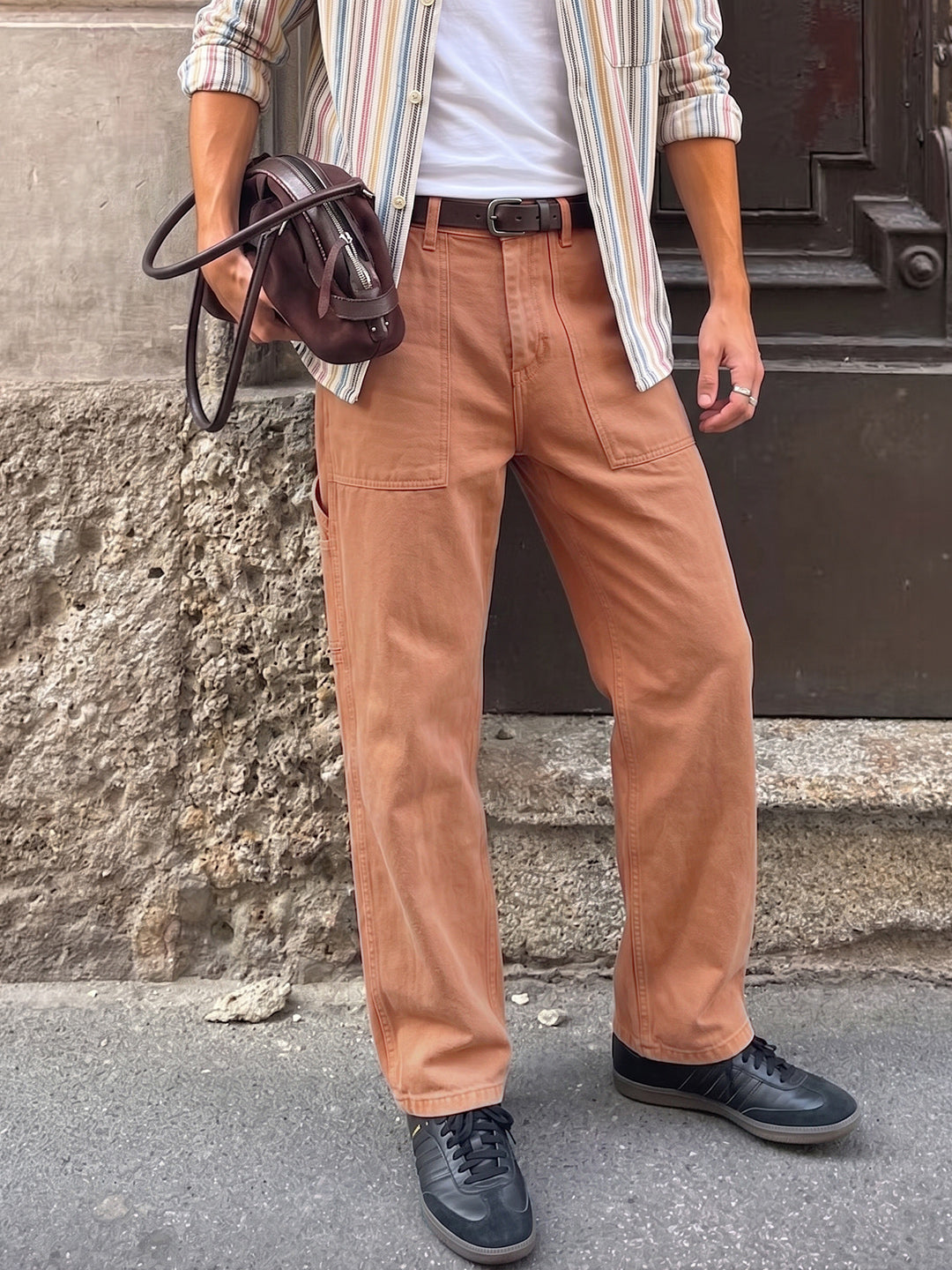 Men's Almond Baggy Fit Solid Retro Wear Jeans