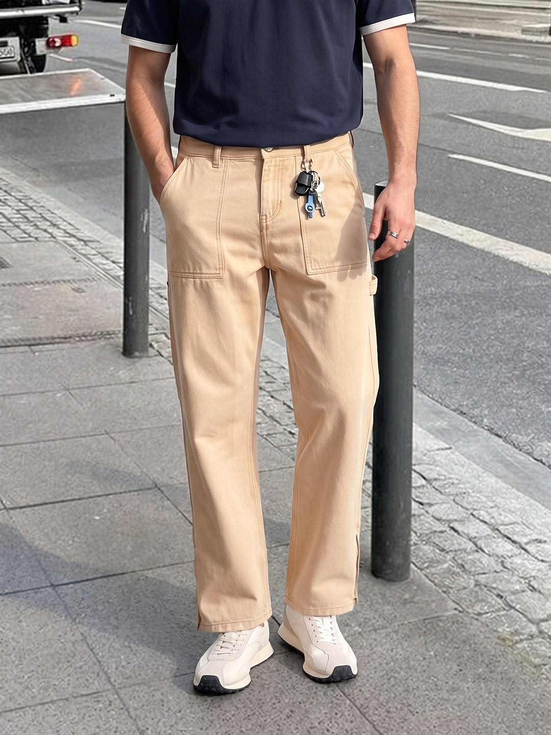 Men's Cream Relaxed Fit Solid Street Wear Jeans