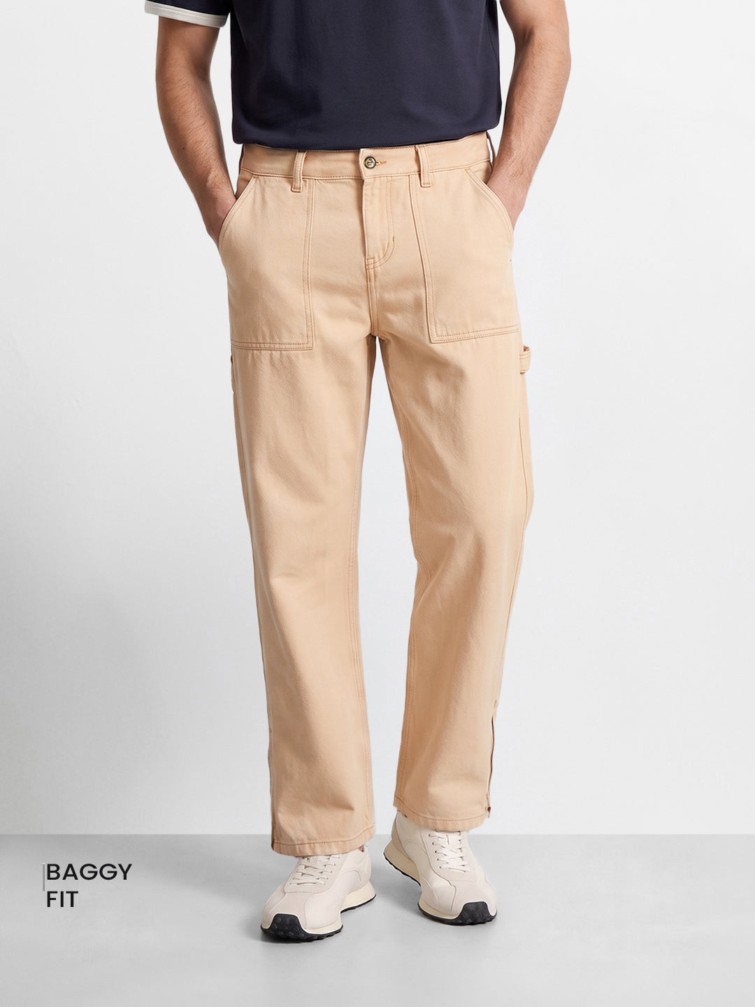 Men's Cream Relaxed Fit Solid Street Wear Jeans