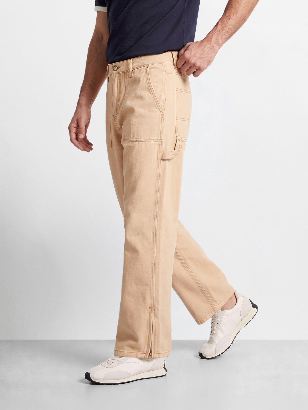 Men's Cream Relaxed Fit Solid Street Wear Jeans