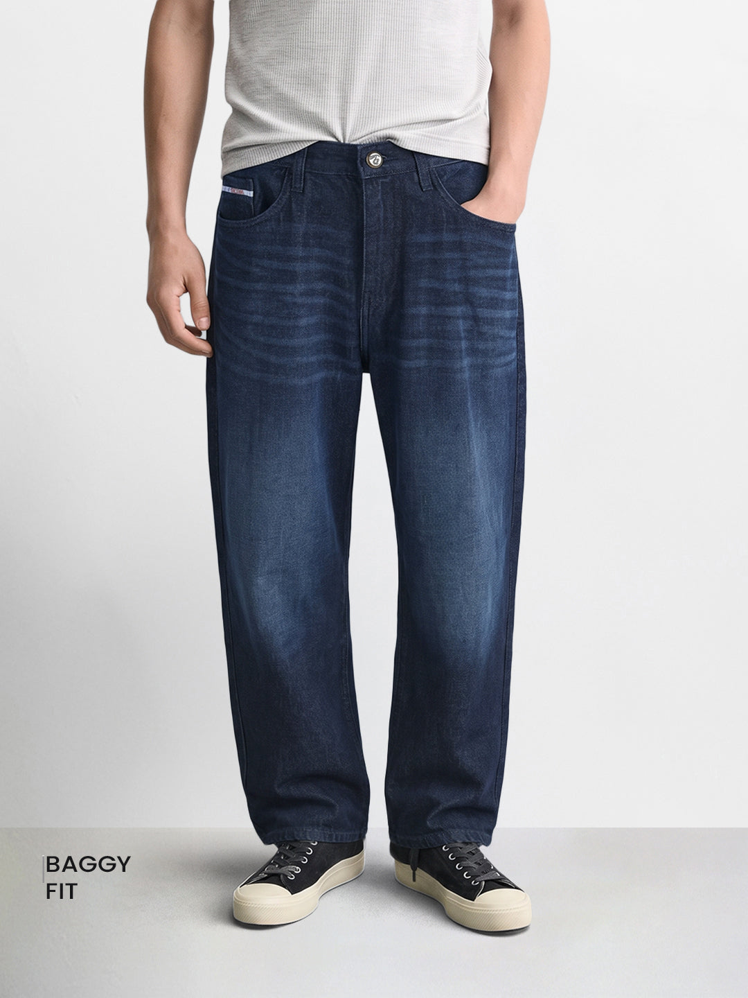 Men's Navy Baggy Fit Solid Mid-Rise Stretchable Jeans