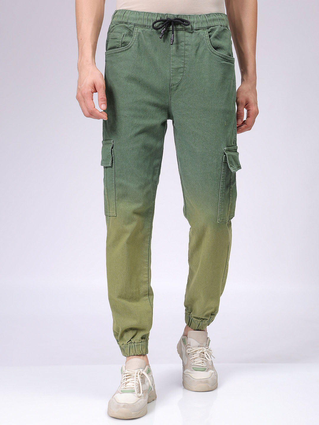 Men's Green Regular Fit Ombre Mid-Rise Stretchable Denim Cargo Joggers