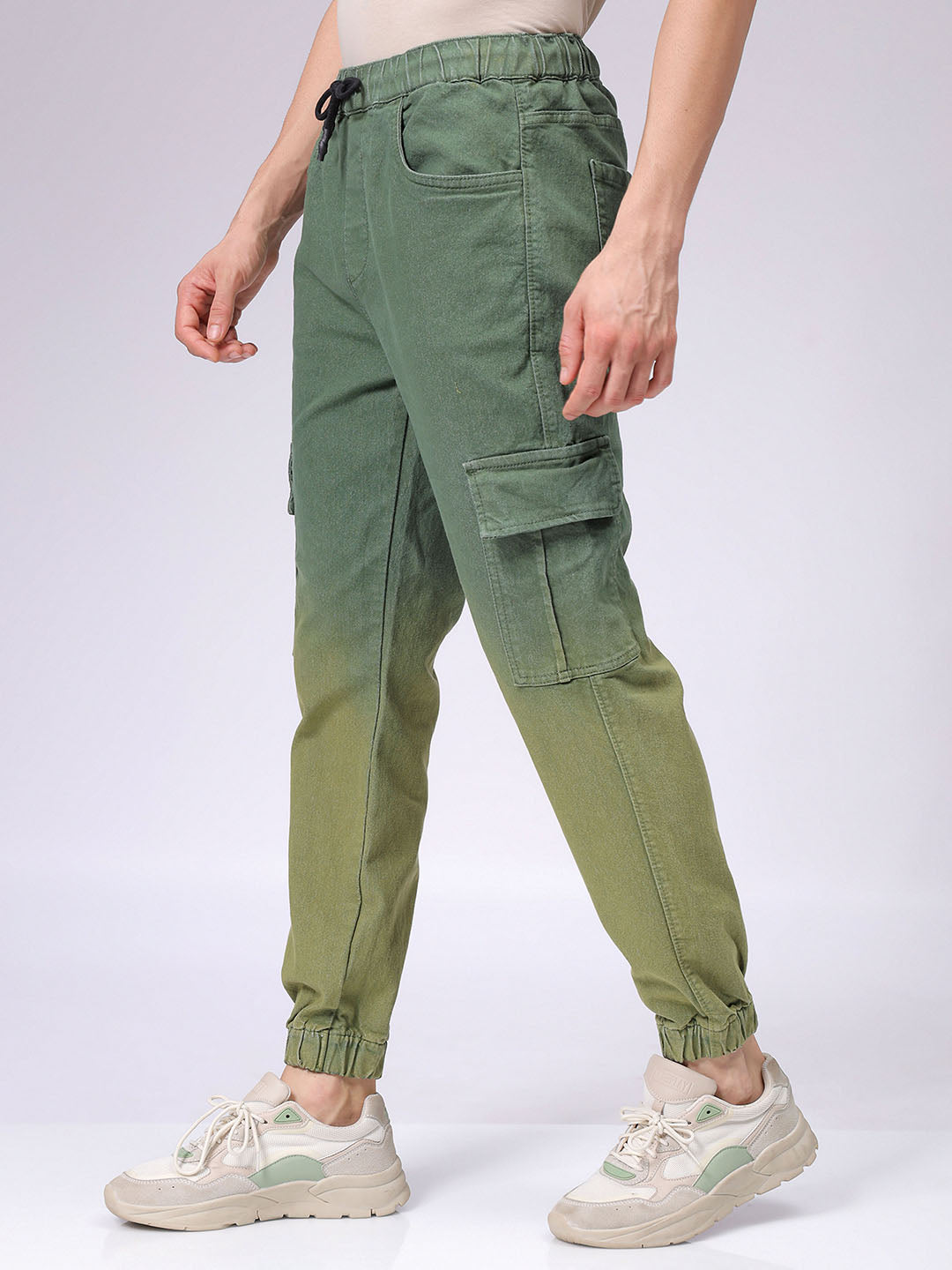Men's Green Regular Fit Ombre Mid-Rise Stretchable Denim Cargo Joggers