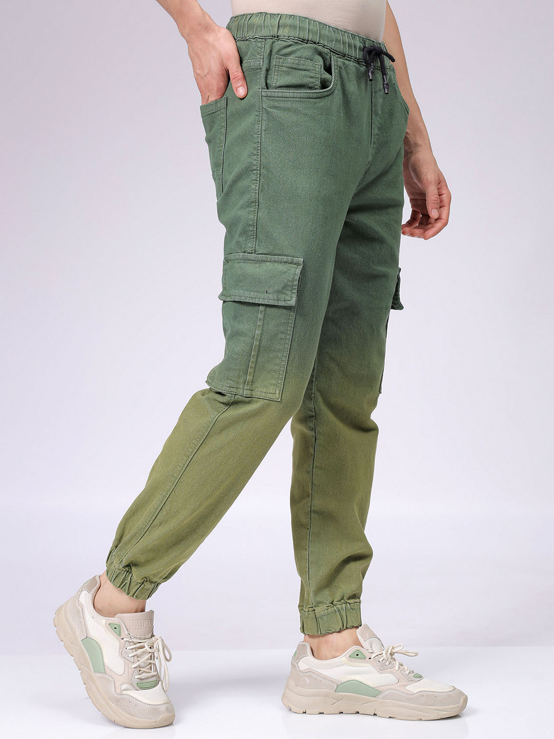 Men's Green Regular Fit Ombre Mid-Rise Stretchable Denim Cargo Joggers