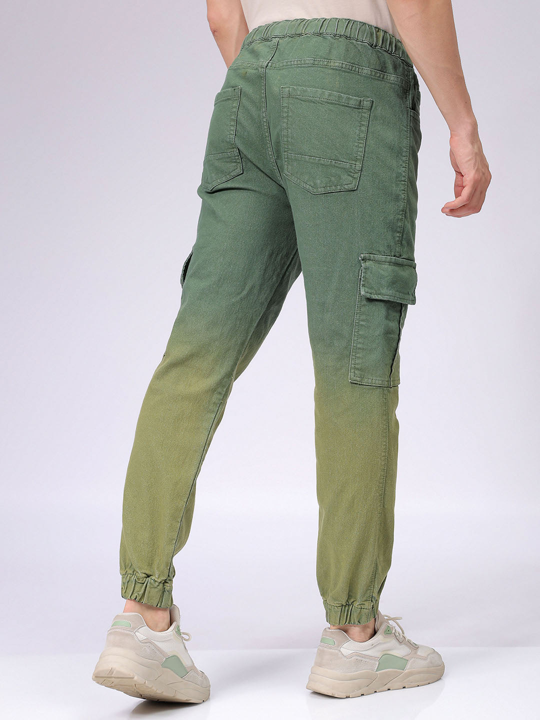 Men's Green Regular Fit Ombre Mid-Rise Stretchable Denim Cargo Joggers