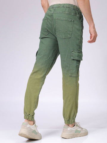 Men's Green Regular Fit Ombre Mid-Rise Stretchable Denim Cargo Joggers