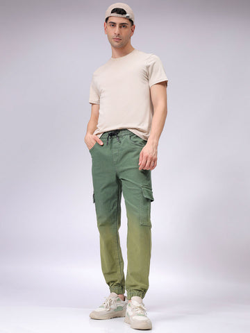 Men's Green Regular Fit Ombre Mid-Rise Stretchable Denim Cargo Joggers