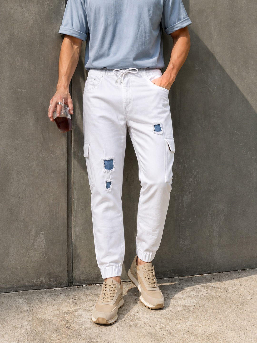 Men's White Regular Fit Solid Street Wear Jeans