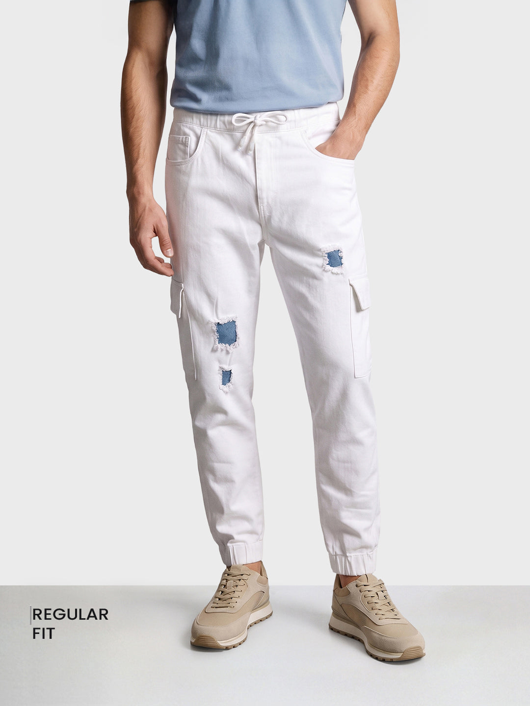 Men's White Regular Fit Solid Street Wear Jeans
