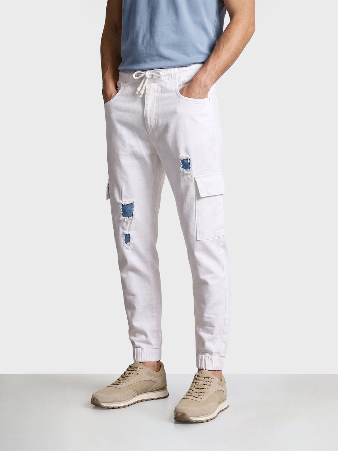 Men's White Regular Fit Solid Street Wear Jeans