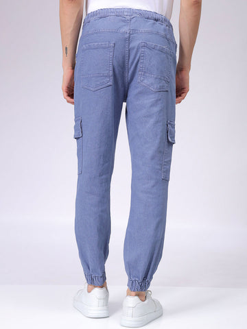 Men's Teal Regular Fit Overdyed Mid-Rise Stretchable Denim Cargo Joggers