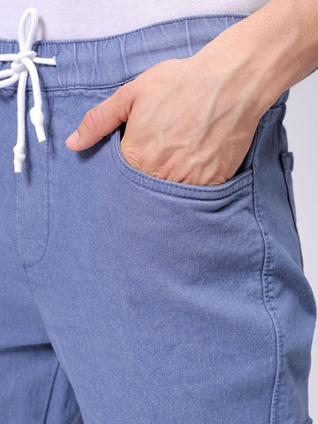 Men's Teal Regular Fit Overdyed Mid-Rise Stretchable Denim Cargo Joggers