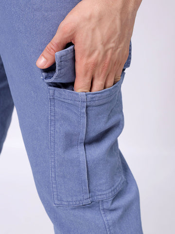 Men's Teal Regular Fit Overdyed Mid-Rise Stretchable Denim Cargo Joggers