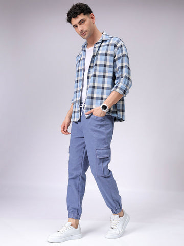 Men's Teal Regular Fit Overdyed Mid-Rise Stretchable Denim Cargo Joggers