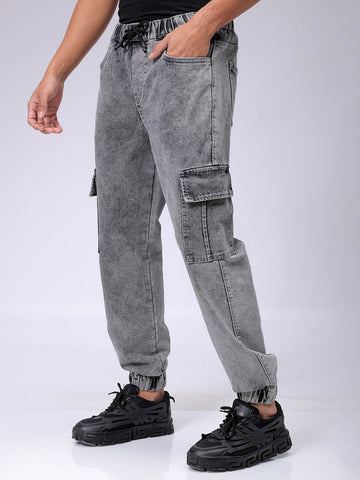 Men's Grey Regular Fit Solid Mid-Rise Stretchable Denim Cargo Joggers