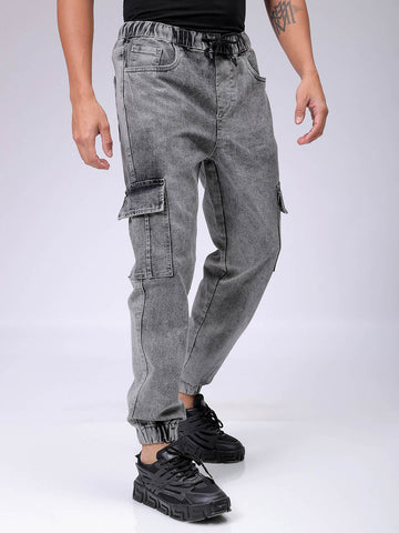 Men's Grey Regular Fit Solid Mid-Rise Stretchable Denim Cargo Joggers