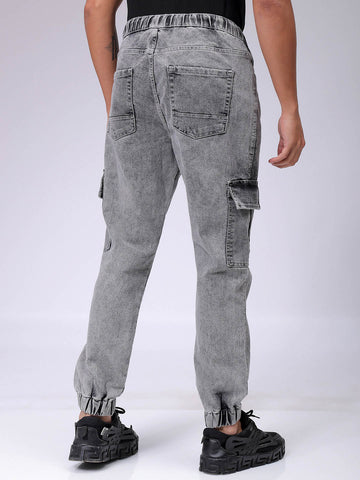 Men's Grey Regular Fit Solid Mid-Rise Stretchable Denim Cargo Joggers