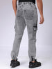 Men's Grey Regular Fit Solid Mid-Rise Stretchable Denim Cargo Joggers