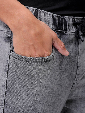 Men's Grey Regular Fit Solid Mid-Rise Stretchable Denim Cargo Joggers