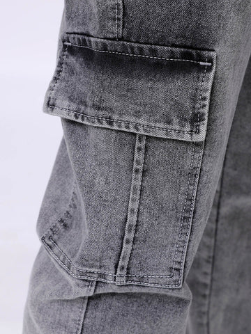 Men's Grey Regular Fit Solid Mid-Rise Stretchable Denim Cargo Joggers