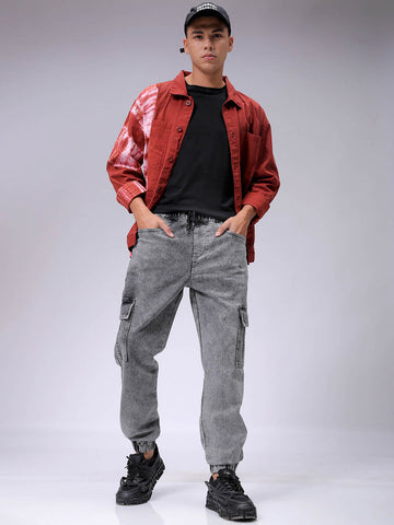 Men's Grey Regular Fit Solid Mid-Rise Stretchable Denim Cargo Joggers