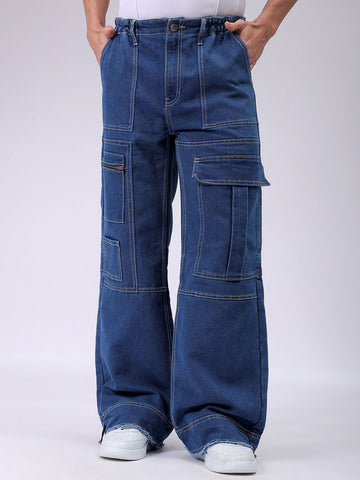 Men's Blue Baggy Solid Mid-Rise Jeans