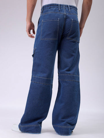 Men's Blue Baggy Solid Mid-Rise Jeans