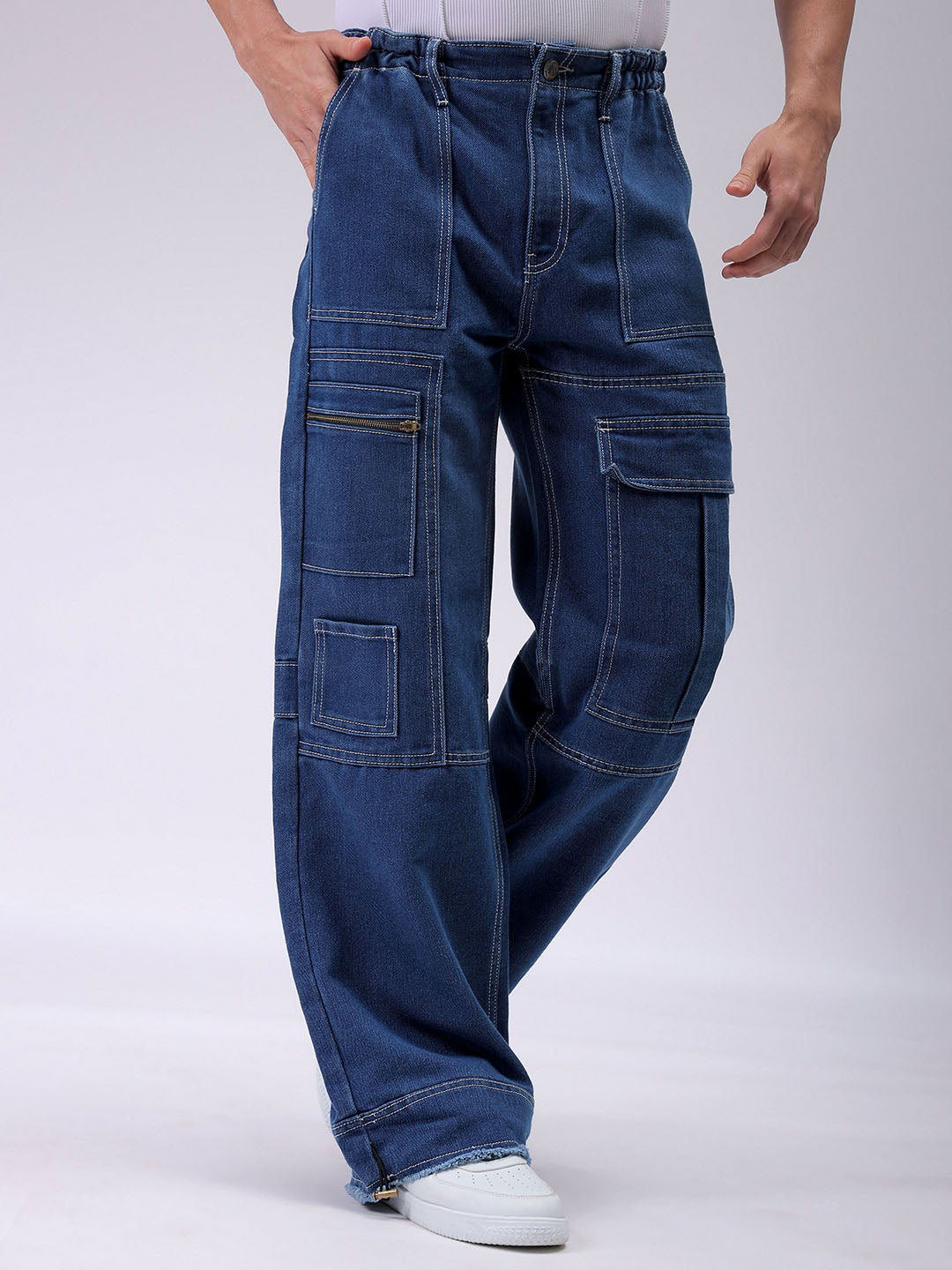 Men's Blue Wide Leg Solid Jeans