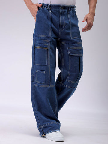 Men's Blue Baggy Solid Mid-Rise Jeans
