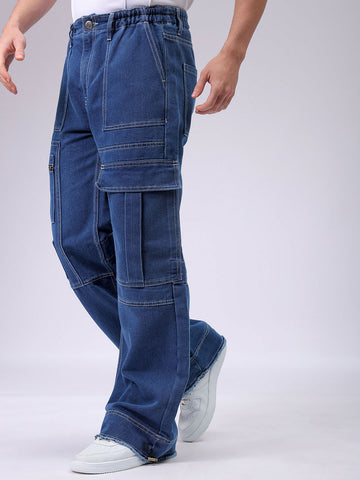 Men's Blue Baggy Solid Mid-Rise Jeans