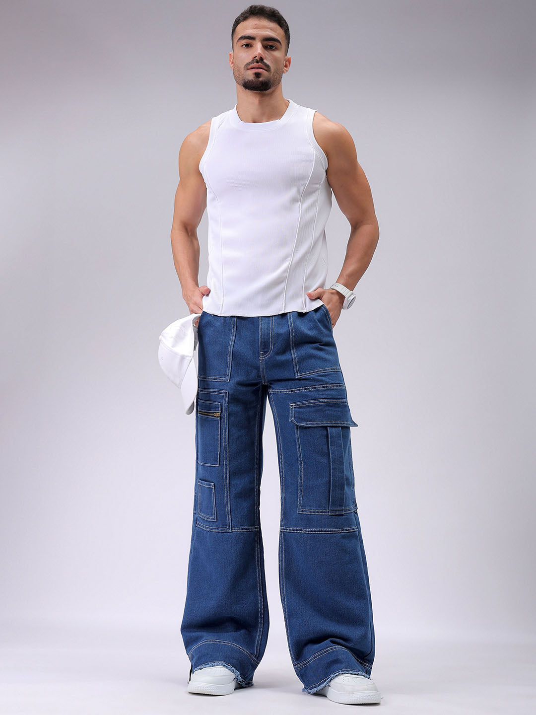 Men's Blue Wide Leg Solid Jeans