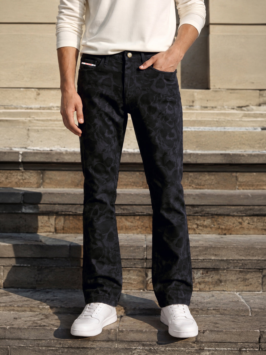Men's Black Bootcut Fit Printed Street Wear Jeans