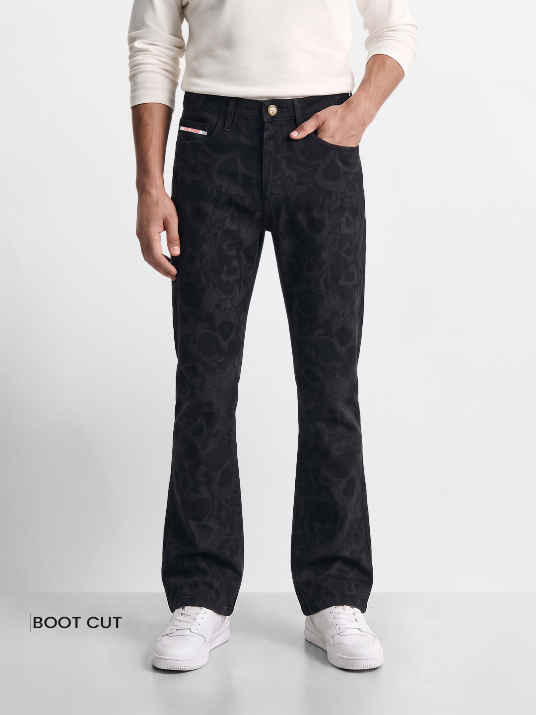 Men's Black Bootcut Fit Printed Street Wear Jeans