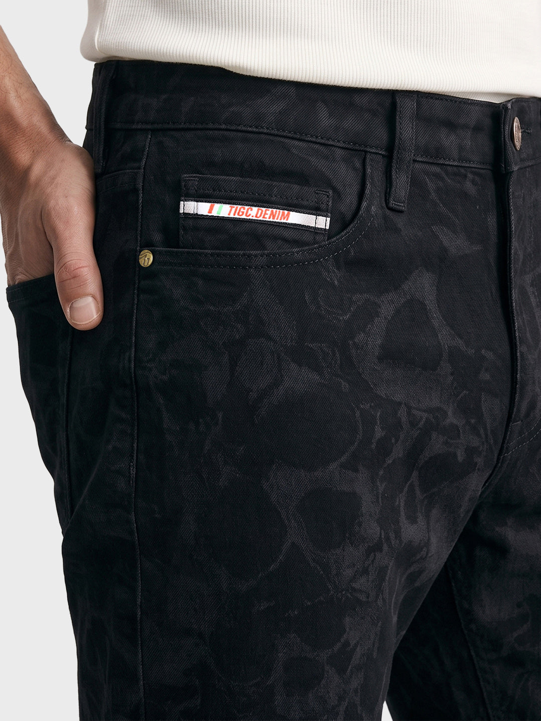 Men's Black Bootcut Fit Printed Street Wear Jeans