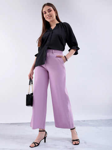 Shop Women's Purple Flare Solid Trouser With Elasticated Waistband Online.