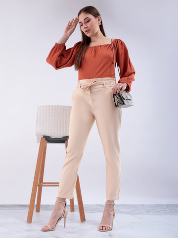Shop Women's Beige Slim Solid Elasticated Ruffle Waist Trouser Online.