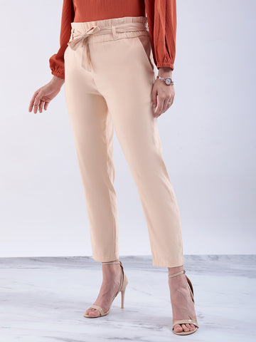 Shop Women's Beige Slim Solid Elasticated Ruffle Waist Trouser Online.