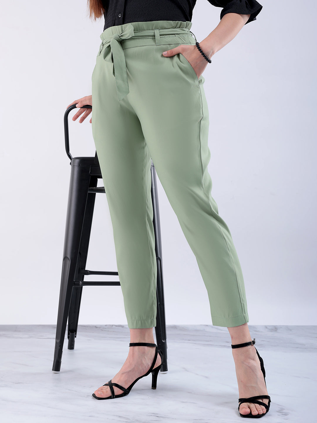 Shop Women's Green Slim Solid Elasticated Ruffle Waist Trouser Online.