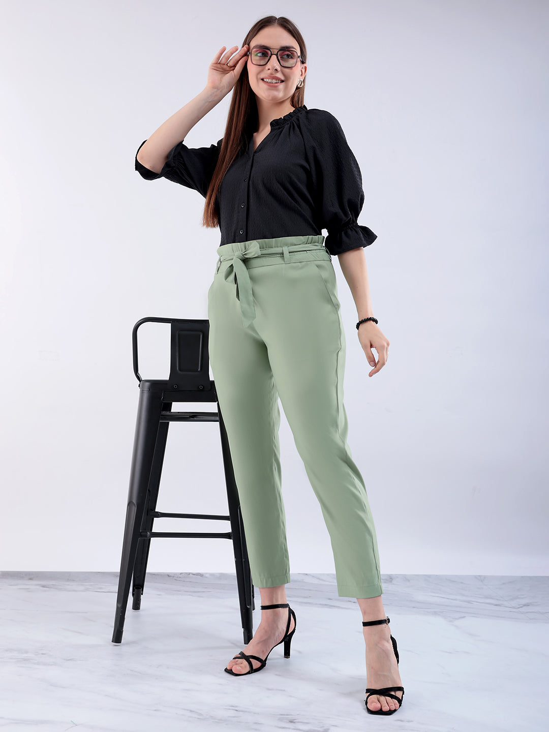 Shop Women's Green Slim Solid Elasticated Ruffle Waist Trouser Online.